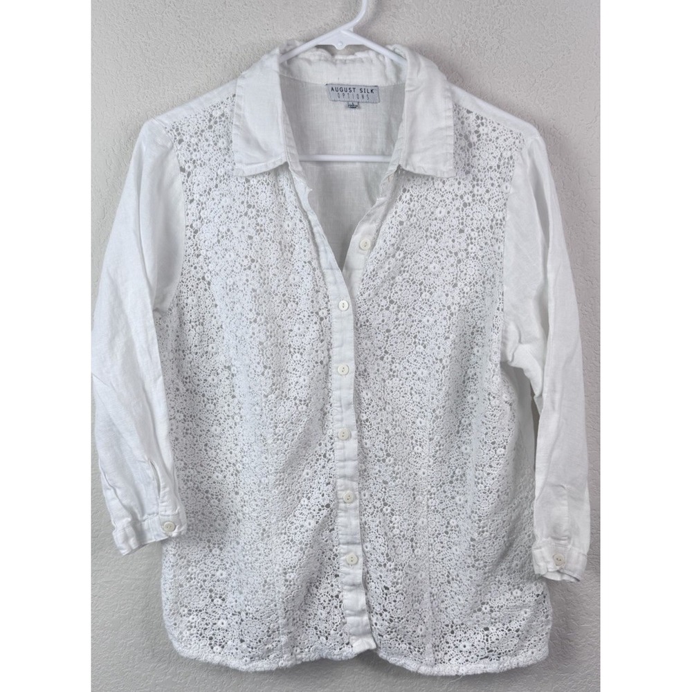 August Silk Options 100% Linen Button Up Shirt Women L White Lace Front Coastal